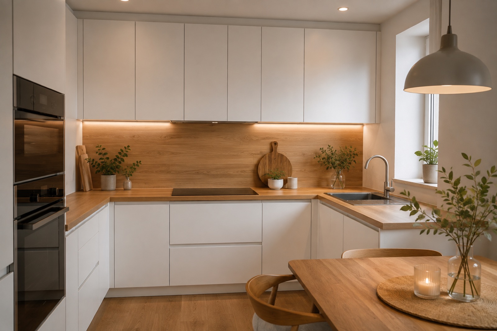 Фартук под дерево для белой кухни с деревянной столешницей